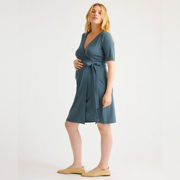 Quince Maternity Nursing Wrap Dress‎ Dark Olive Green NWT Jersey Tencel Small - Picture 1 of 10